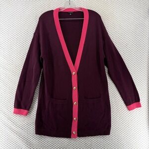 Talbots Cardigan Sweater‎ Tipped Womens Medium M Plum Pink Button Down Long Knit